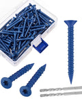 Built Tough 200 Piece Concrete Screws 3/16 X 1-3/4 Inch Blue Star Drive Masonry Anchors in a clear box with drill bits.