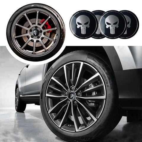 Step Up Your Daily Ride With These Heavy Duty Black Metal Skull Car Wheel Center Caps, 2.2 inch hub cover on stylish rims.