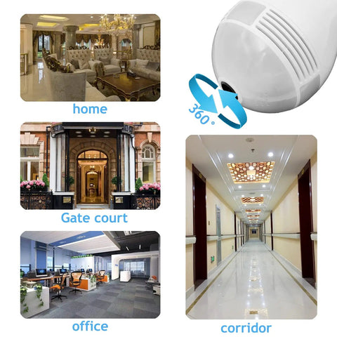 1080P Full HD Light Bulb Camera With 360 Degree View 32GB SD Card Included 2.4GHz WiFi Night Vision Motion Detection Wireless Home Surveillance For Baby And Pets Plug And Play Setup inside various settings like home, gate court, office, and corridor