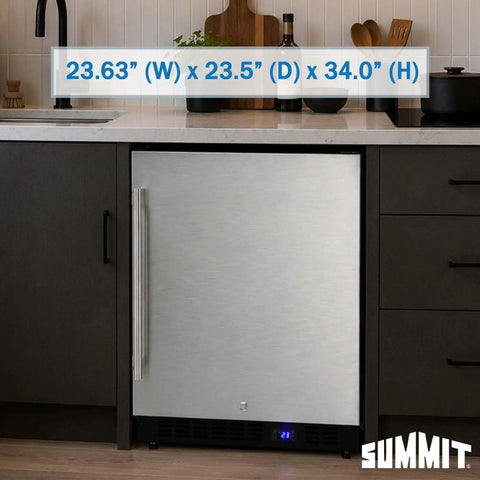 Hella Solid 24 Inch Built In Outdoor All Freezer Featuring True Frost Free Forced Air Cooling Slick Black Cabinet in kitchen setup.