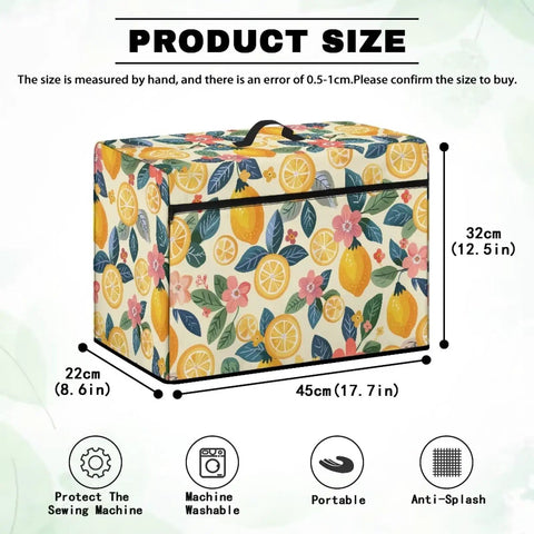 Lemon Sewing Machine Dust Cover With Side Pocket Universal Fit For Most Singer And Brother Machines, size dimensions visible