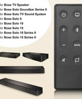 Drop In Replacement Remote For TV Speaker And Solo Soundbar Series II, Solo TV Sound System, Compatible With Solo 5, Solo 10, Solo 15 And Series II Models, Batteries Not Included, shown with compatible sound systems.