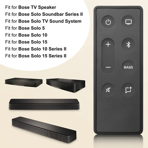 Drop In Replacement Remote For TV Speaker And Solo Soundbar Series II, Solo TV Sound System, Compatible With Solo 5, Solo 10, Solo 15 And Series II Models, Batteries Not Included, shown with compatible sound systems.
