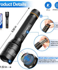 365Nm UV Black Light Flashlight Pro with ergonomic grip, shown with battery installation and size comparison to iPhone 14.