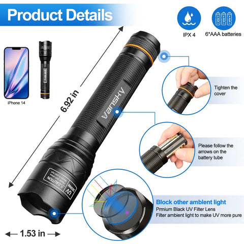 365Nm UV Black Light Flashlight Pro with ergonomic grip, shown with battery installation and size comparison to iPhone 14.
