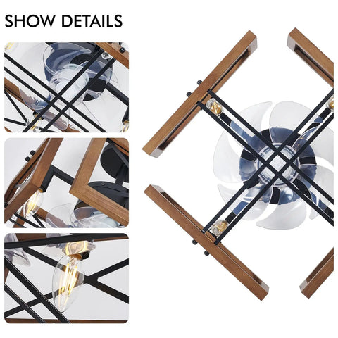 Detail view of Dope Wood Flush Mount Ceiling Fan With Lights And Remote, caged design, wood ABS blades, low profile farmhouse style.