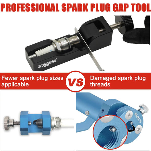 Universal Spark Plug Gap Tool With Feeler Gauge For 10Mm 12Mm 14Mm And 16Mm Small Plugs, shown comparing compatibility and damage.