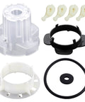 Washer agitator repair kit with white cam housing, four beige cam levers, black retention ring, white base piece, and O-ring.