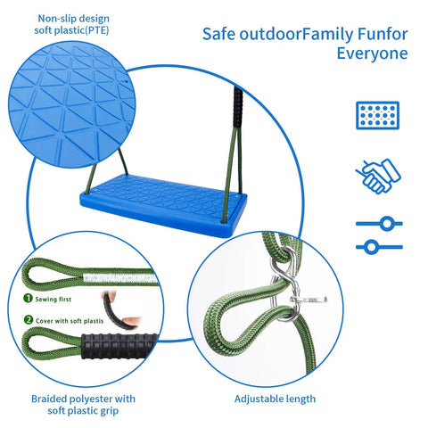Durable Non Slip Swing Seat With Adjustable Rope For Tree Or Outdoor Backyard Play No Fuss Setup, Kid Safe, Blue design