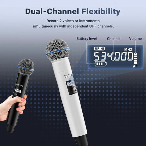 Wireless Two Microphone System With UHF Dual-Channel Receiver And Metal Handheld Dynamic Mics, display showing frequencies