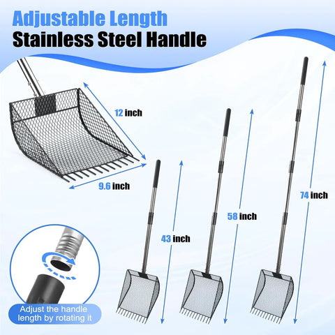 Waist Friendly No Bend 2 In 1 Chicken Poop Scooper And Rake With Adjustable Stainless Steel Handle From 24 To 68 Inches shown in three sizes