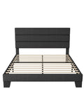 Queen Platform Bed Frame Built From Heavy Duty Metal And Solid Wood Features A Padded Upholstered Headboard For Quiet Nights, front view.