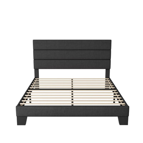 Queen Platform Bed Frame Built From Heavy Duty Metal And Solid Wood Features A Padded Upholstered Headboard For Quiet Nights, front view.