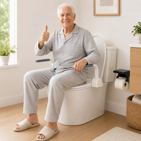 Heavy Duty Carbon Steel Toilet Safety Rails With Rock Solid Grab Bars For Seniors Bathroom Standing Assist Support Frame And Solid Armrest Setup That Handles Two Sixty Pounds Without Breaking A Sweat, elderly man giving thumbs up on toilet.