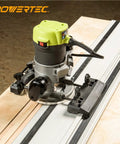 Pro Grade Router Guide Rail Adapter For Plunge Routers Smooth Operator Track Saw Rail Setup, mounted on a guide rail.