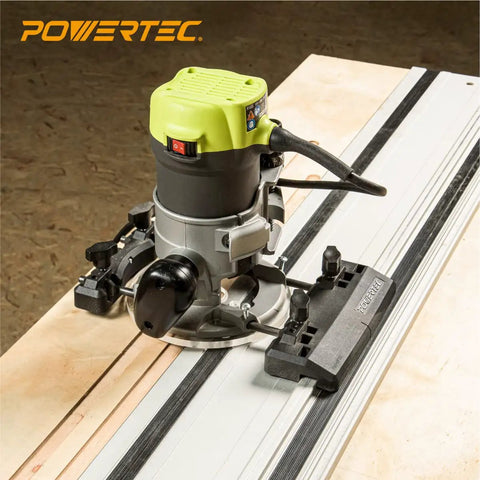 Pro Grade Router Guide Rail Adapter For Plunge Routers Smooth Operator Track Saw Rail Setup, mounted on a guide rail.