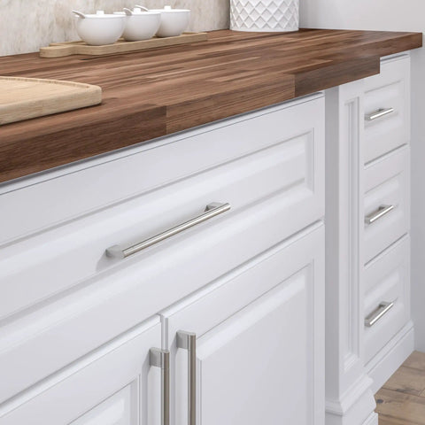 Front view of Avellino Collection Slick Brushed Nickel Cabinet Handle 11 3 8 Inch Center To Center Bar Pull on white kitchen cabinets