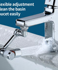 1080 Degree Rotating Faucet Extender With Copper Body And Four Layer Filter attached to chrome sink tap showing water flow