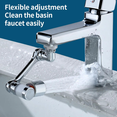 1080 Degree Rotating Faucet Extender With Copper Body And Four Layer Filter attached to chrome sink tap showing water flow