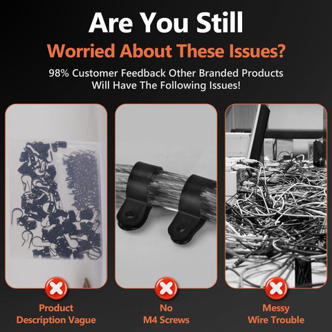 Common issues with non-Heavy Duty Cable Clamps Kit showing vague description, missing M4 screws, and messy wires.