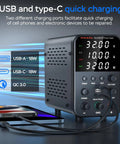 Adjustable Bench Power Supply With 32V 10A Output Intelligent Charging Mode with 18W USB Interface, side view with cable.