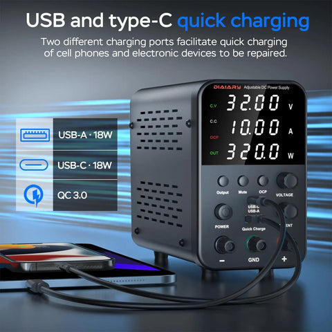 Adjustable Bench Power Supply With 32V 10A Output Intelligent Charging Mode with 18W USB Interface, side view with cable.