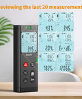 Dual Laser Distance Meter Workhorse With 393 Foot Range Aluminum Body Rechargeable Battery Real Time Measurements Every Half Second All In One Tool For Measuring Area Volume And Angles With 3mm Precision Class II Laser, displaying last 20 readings