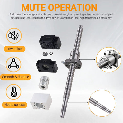 Ball Screw Assembly 400mm Long 12mm Diameter with End Machining and Nut for CNC Machines, showing components and features.