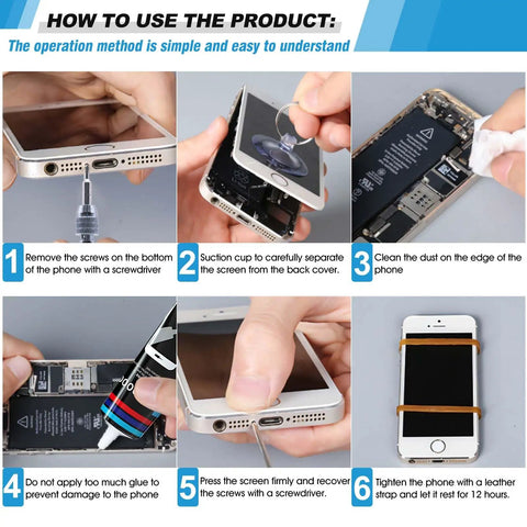 Instructions for using Phone Screen Repair Glue Kit With 50ml Black Adhesive And Disassembly Tools for phone repair.