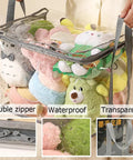 Clear Zippered Organizer Bags With Reinforced Handles Large Waterproof Storage Containers For Moving And Closet Organization Perfect For Books DVDs Blu Rays Clothing Weatherproof PVC Carrier 15 By 12.5 By 9.5 Inches filled with plush toys