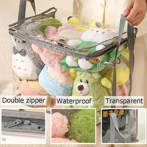 Clear Zippered Organizer Bags With Reinforced Handles Large Waterproof Storage Containers For Moving And Closet Organization Perfect For Books DVDs Blu Rays Clothing Weatherproof PVC Carrier 15 By 12.5 By 9.5 Inches filled with plush toys