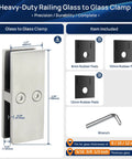 Glass To Glass Clamp Set Stainless Steel 304 Brushed Finish Bracket For Glass Balustrade Railing And Pool Fence Heavy Duty 180 Degree Hold 4 Pieces Ideal For Modern Homes And Commercial Projects Easy To Install And Tighten For Built To Last Security diagram with rubber pads and wrench.