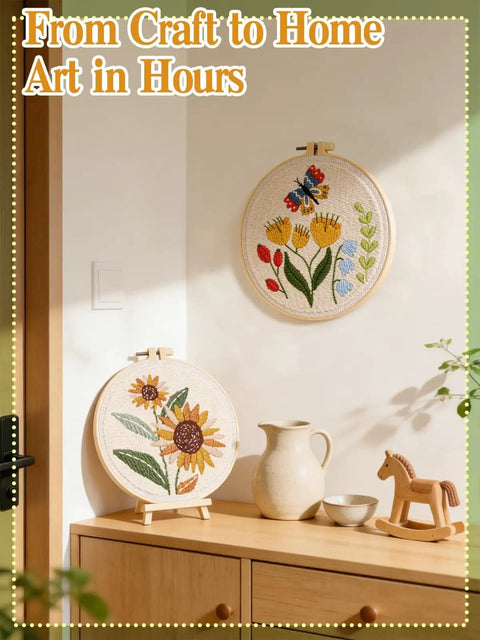 Interior scene with finished Beginner Punch Needle Kit With Hoop Needle Yarn And Fabric Pattern Including Step By Step Video Guide All In One Grab And Go DIY Embroidery Set For Women And Teens Easy To Use Craft Gift displayed on a table and wall.