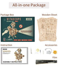 3D Wooden Puzzle Kit For Adults, 183 Piece Mechanical Model Build, Vintage Movie Projector Craft, Hand Crank Power, No Battery Required, Realistic Animations In Darkness, Sweet Gift For Adults 14 Plus package with box, wooden sheets, instructions, accessories, and film