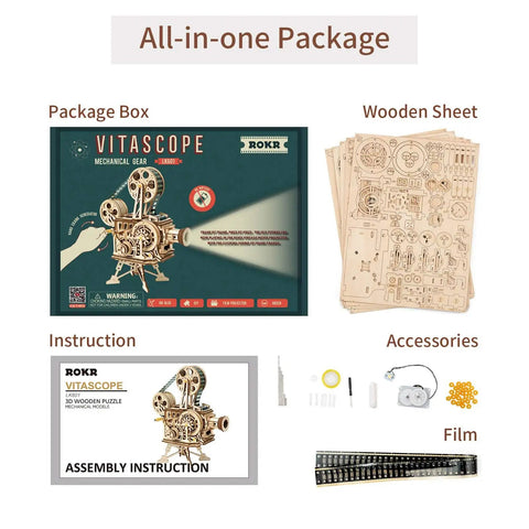 3D Wooden Puzzle Kit For Adults, 183 Piece Mechanical Model Build, Vintage Movie Projector Craft, Hand Crank Power, No Battery Required, Realistic Animations In Darkness, Sweet Gift For Adults 14 Plus package with box, wooden sheets, instructions, accessories, and film