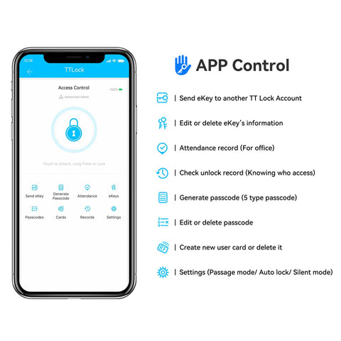 TTLock app interface for 5 In 1 Dope Smart Fingerprint Door Lock For Front Door With App Control showing features
