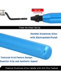 Close-up of blue aluminum handle from Four Piece Deburring Tool Set For Five Sixteenth Inch Three Eighth Inch And Five Eighth Inch AC Copper Lines Manual Rotary Chamfer Tool With 360 Degree Cutting Heads For Smooth Edges On Copper Steel Aluminum And Plastic.