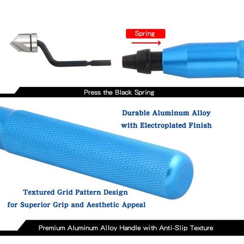 Close-up of blue aluminum handle from Four Piece Deburring Tool Set For Five Sixteenth Inch Three Eighth Inch And Five Eighth Inch AC Copper Lines Manual Rotary Chamfer Tool With 360 Degree Cutting Heads For Smooth Edges On Copper Steel Aluminum And Plastic.