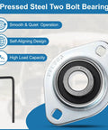 Two Pack Pillow Block Bearings With Five Eighth Inch Bore Flange Mounted Housing And Wrench Steel Set Screw Insert Ball Bearings SBPFL202-10 A Go To Pick For Industrial Machinery And Conveyor Setups showing pressed steel flange and wrench.