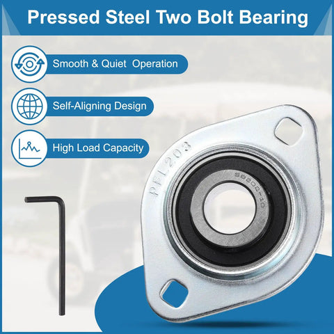 Two Pack Pillow Block Bearings With Five Eighth Inch Bore Flange Mounted Housing And Wrench Steel Set Screw Insert Ball Bearings SBPFL202-10 A Go To Pick For Industrial Machinery And Conveyor Setups showing pressed steel flange and wrench.