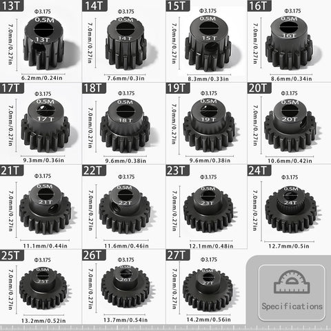0.5Mod Pinion Gear Set 13T To 27T Hardened Steel 3.175mm Bore With 2.3mm Adapter For ARRMA Typhon Mojave Granite Losi RC