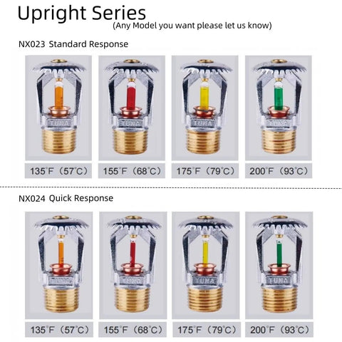 Heavy Duty Upright Fire Sprinkler Head Works Like A Dream With Standard Response At 200 Degrees For Zero Hassle Half Inch Npt Hookup And Ul And Fm Certified Safety For Automatic Fire Systems Pack Of Six Chrome Finish - display of standard and quick response models with temperature ratings.