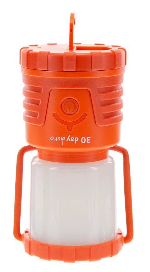 Orange 30 Day 1000 Lumen LED Lantern With Glow In The Dark Power Button And Built In Hook, designed for outdoor adventures.