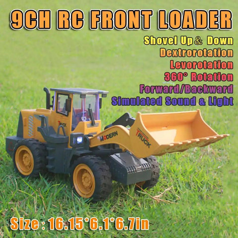 Dope One Fourteenth Scale RC Wheel Loader with nine channel remote on grass; liftable bucket, simulated sound and light, 360° turn.
