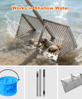 Beach Sand Rake Set With Detachable 52 Inch Handle And 16 Inch Mesh Screen in use scooping shells, includes foldable bucket.