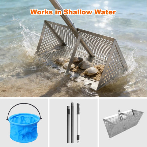 Beach Sand Rake Set With Detachable 52 Inch Handle And 16 Inch Mesh Screen in use scooping shells, includes foldable bucket.