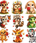 Cartoon Animal Iron On Transfers Set 12 Pack Rose Themed Heat Transfer Stickers for T Shirts Hoodies Jackets and Kids Clothing Washable DTF Ready to Press for DIY Gifts featuring cute animal designs holding roses.