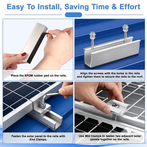 Kickass Heavy Duty Anodized Aluminum Solar Panel Roof Mount Hardware Kit For Four Panels Side By Side Diy Install Includes Sturdy Rails End Clamps Screws And Wrench Fits Rv Boat Home installation process with EPDM rubber pad and screws.