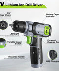 Eight Volt Cordless Drill Driver Kit With 53 Piece Bit Set, 2.0Ah Battery, Three Eighths Inch Keyless Chuck, Variable Speed Trigger