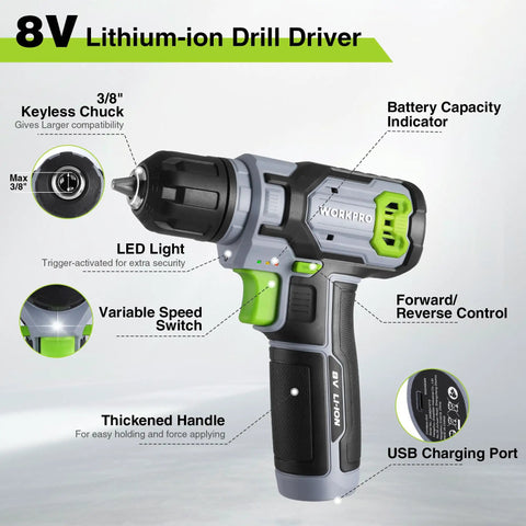 Eight Volt Cordless Drill Driver Kit With 53 Piece Bit Set, 2.0Ah Battery, Three Eighths Inch Keyless Chuck, Variable Speed Trigger